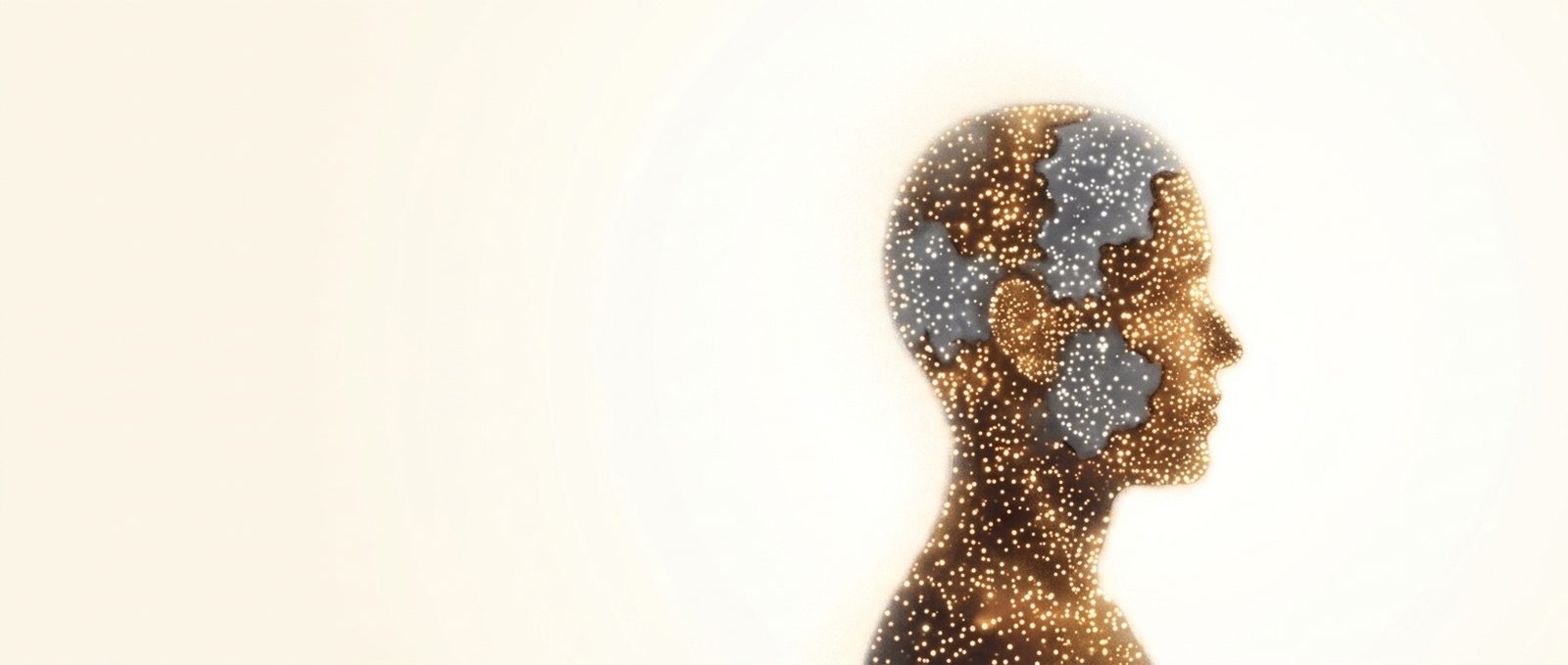 The profile of a human head built from thousands of small warm points of light, with several irregular regions gone dark and grey, like districts of a city losing power one at a time.