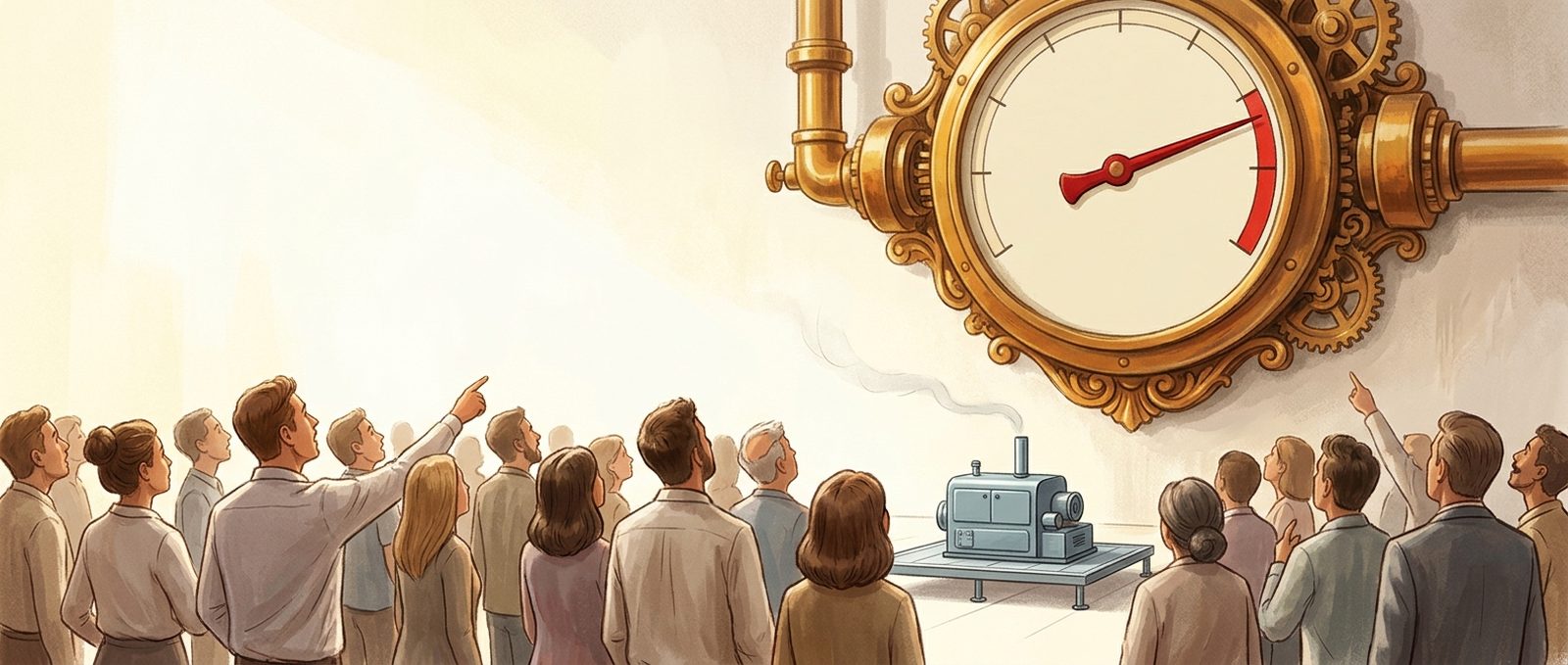 A crowd stares up at an enormous ornate brass pressure gauge with its needle buried in the red, while a small plain machine runs quietly and unnoticed on the floor behind them.