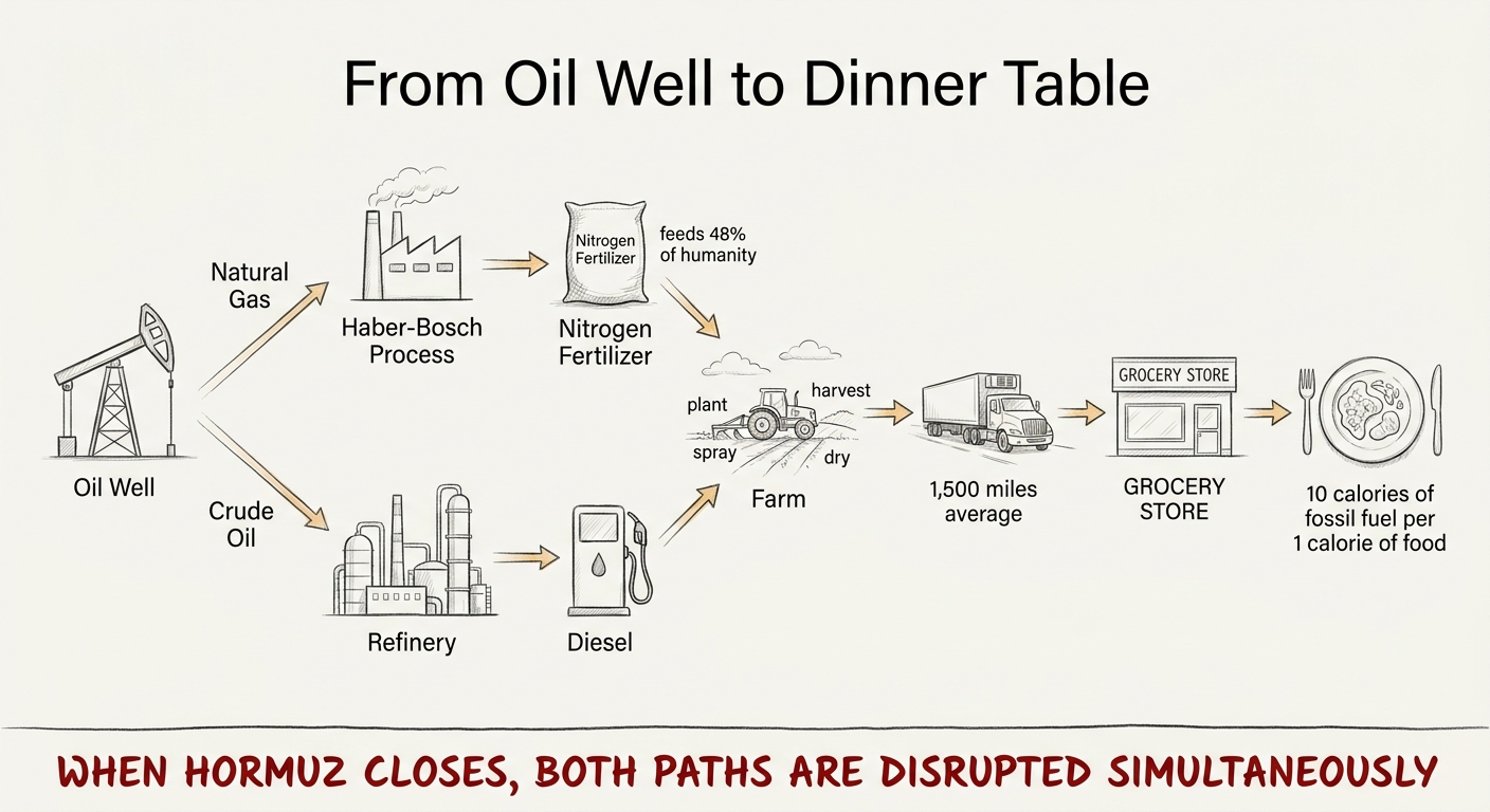 From Oil Well to Dinner Table — how natural gas becomes fertilizer and crude oil becomes diesel, converging on the farm