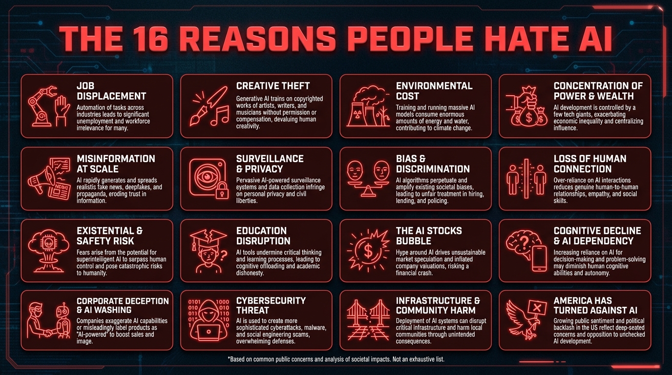 16 reasons people hate AI: job displacement, creative theft, environmental cost, concentration of power, misinformation at scale, surveillance, bias, loss of human connection, existential risk, education disruption, AI stocks bubble, cognitive decline, corporate deception, cybersecurity, infrastructure harm, America turned against AI