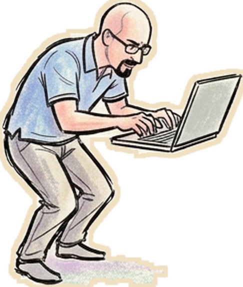 Drawing of Scott hunched over a laptop