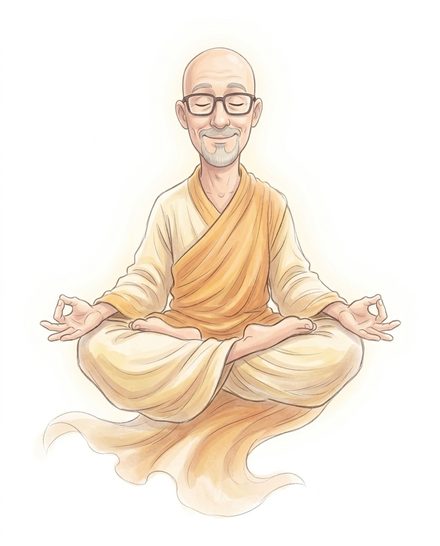 Scott levitating, cross-legged, robed