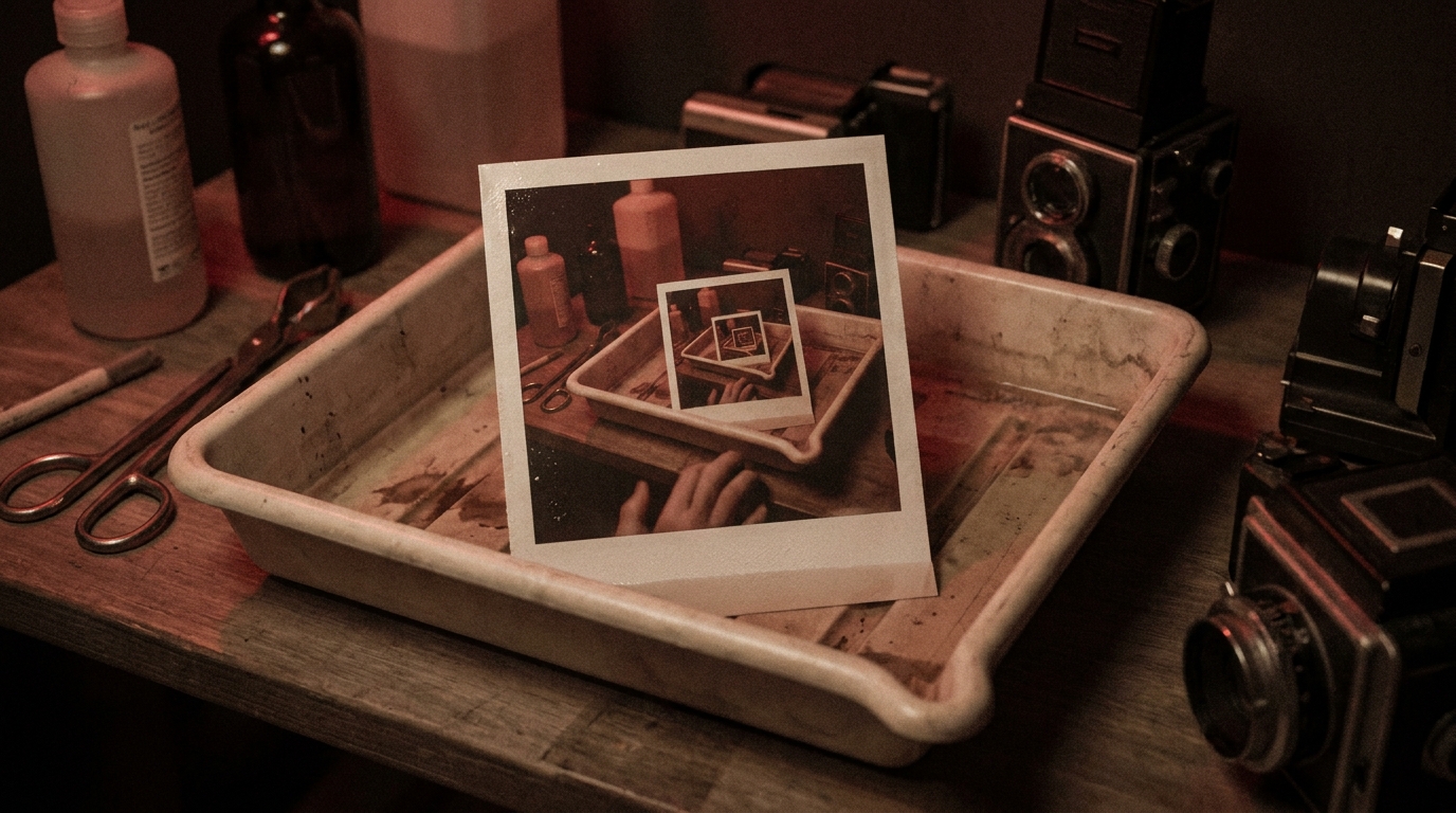 Polaroid photograph of nested photographs developing in a darkroom tray — the visual metaphor of recursive worlds-within-worlds that the simulation hypothesis invokes